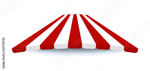 Tent canopy for shops, cafes and street restaurants. 3d canopy shop vector orange shop cafe. Striped red and white sunshade for shops, cafes and street restaurants. 3d vector illustration.