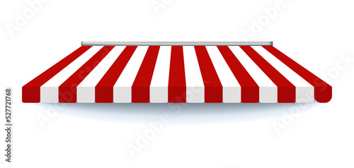 Tent canopy for shops, cafes and street restaurants. 3d canopy shop vector orange shop cafe. Striped red and white sunshade for shops, cafes and street restaurants. 3d vector illustration.