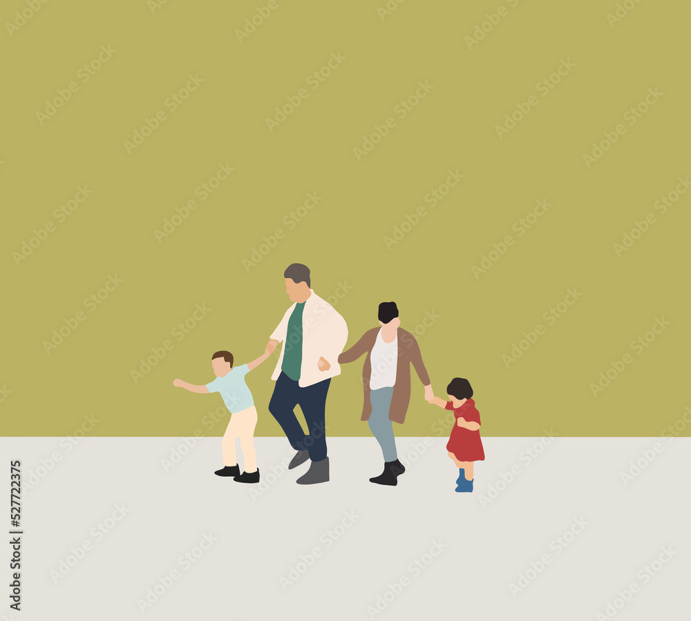 Family in casual lifestyle walking along suburban street spending sunny day holiday outside. Happy mother, father and little child during vacation.	
