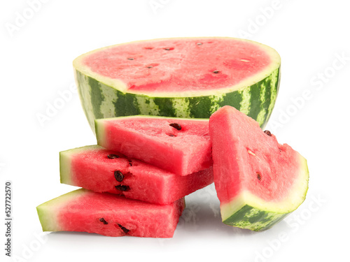 Pieces of ripe watermelon on white background