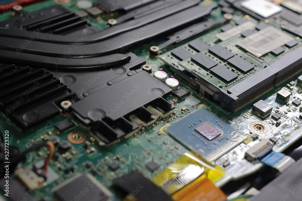 Close-up view of computer motherboard and electronic parts Close-up view of computer motherboard and electronic parts