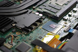 Close-up view of computer motherboard and electronic parts