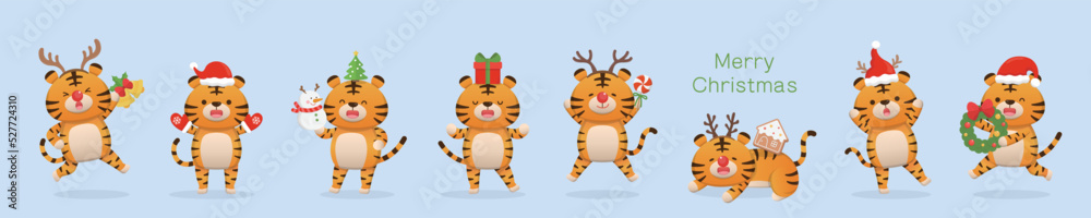 8 cute tiger mascots in Christmas costumes and elements, happy to celebrate the festival, vector cartoon style 8 cute tiger mascots in Christmas costumes and elements, happy to celebrate the festival, vector cartoon style