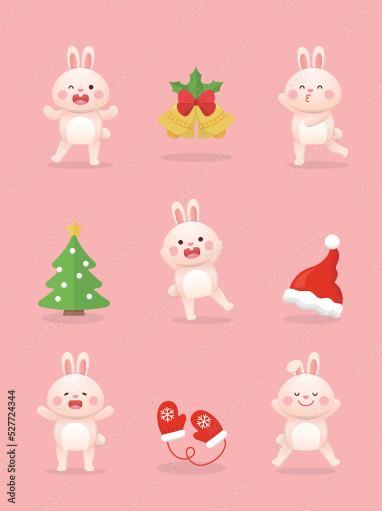 5 cute bunny mascots, elements for christmas, christmas tree with santa hats and bells, vector cartoon style