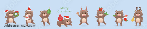 8 cute baby bear mascots, Christmas costumes and Christmas elements, happy to celebrate the festival, vector cartoon style