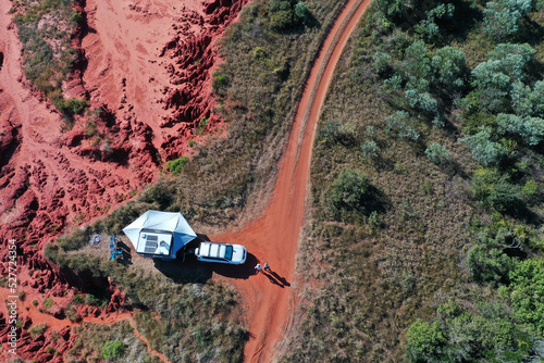 Aerial landscape view of car and caravan in Cape Leeuwin Western Australia