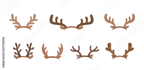 7 different antlers, antlers of elk or reindeer, christmas elements, vector cartoon style, symbol icon illustration