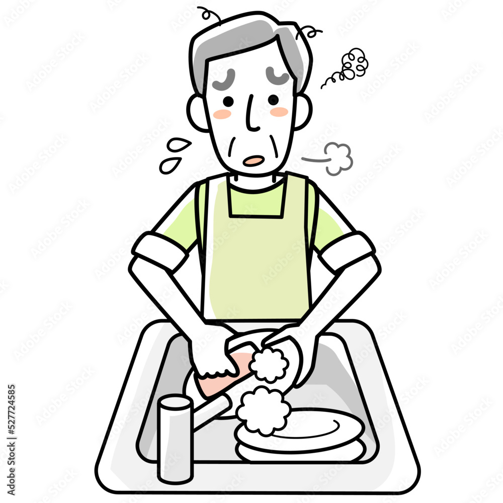 疲れた表情で食器洗いをするシニア男性 疲れた表情で食器洗いをするシニア男性