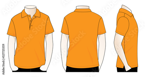 Blank orange short sleeve polo shirt template on white background. Front, back and side view, vector file.