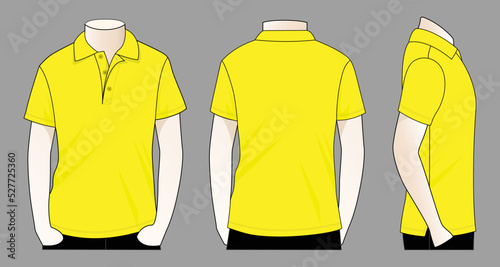 Blank yellow short sleeve polo shirt template on gray background.Front, back and side view, vector file.