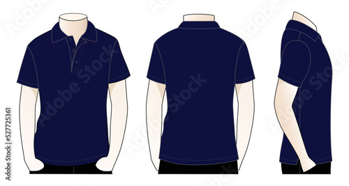 Blank navy blue short sleeve polo shirt template on white background. Front, back, and side views, vector file.