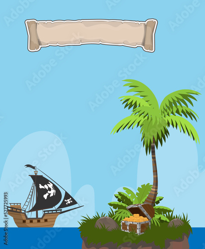 The pirate treasure island scene has a treasure chest filled with gold coins, gems and pearls.