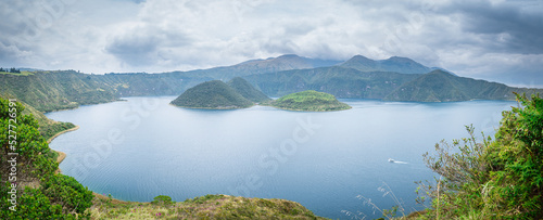 panoramic view of cuicocha lagoon, ecuador