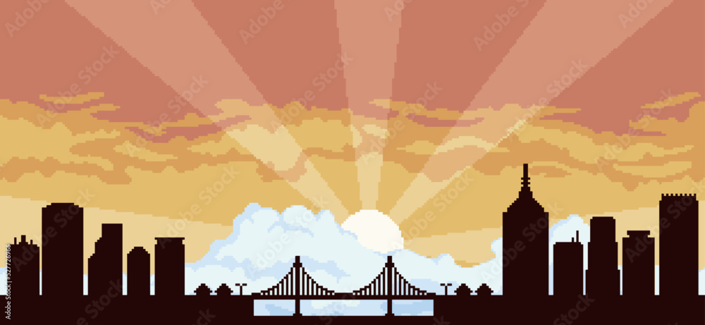 Obraz premium Pixel art city ​​background at sunset with buildings, constructions, bridge and cloudy sky for 8bit game