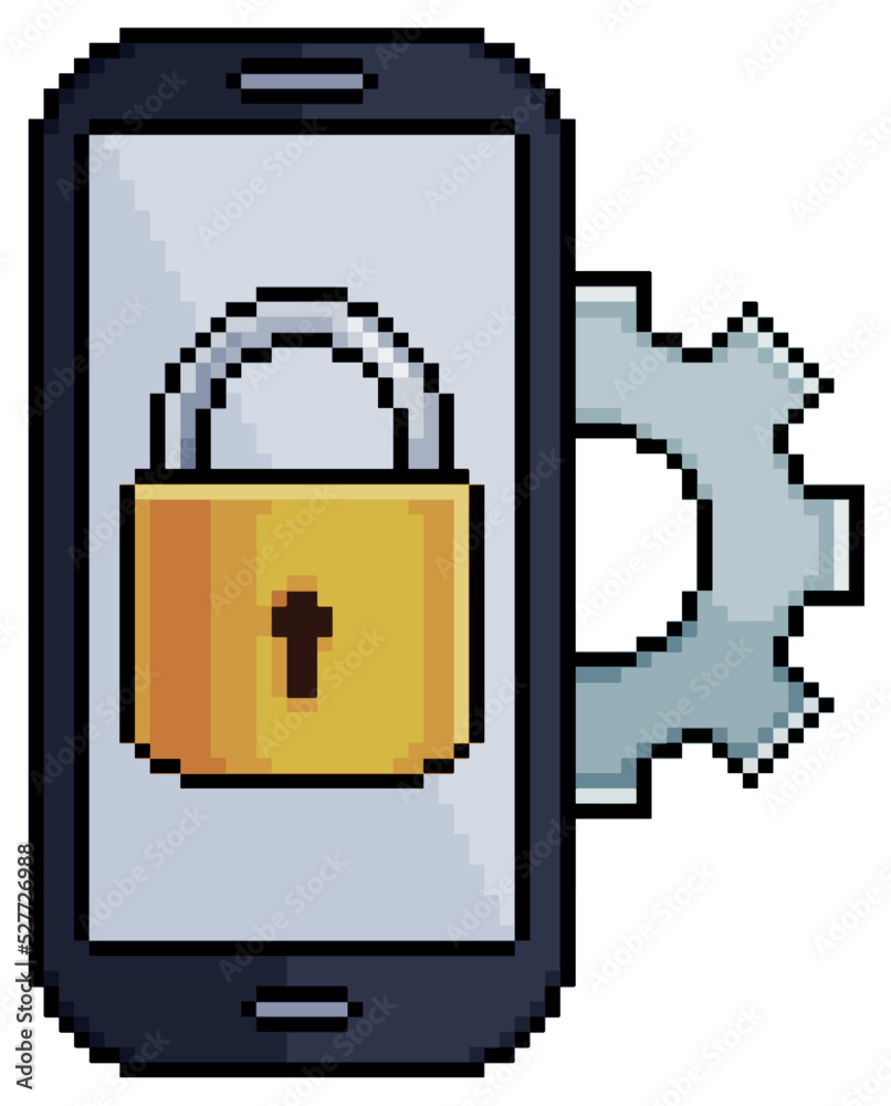 Pixel art cell phone with padlock and gear vector icon for 8bit game on ...