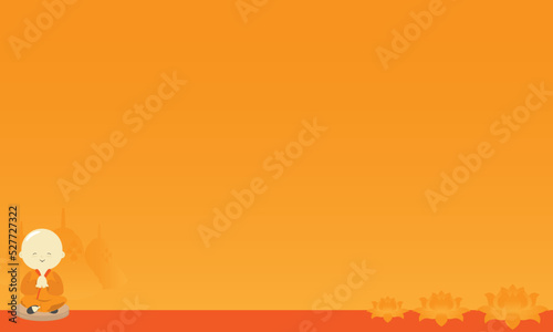 Vesak Day Background and Copy Space Area with Little Monk, Stupa, and Lotus Flower. Suitable for Vesak day events