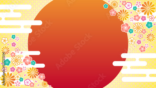 日の出イメージの和柄背景，七宝模様，赤のコピースペース