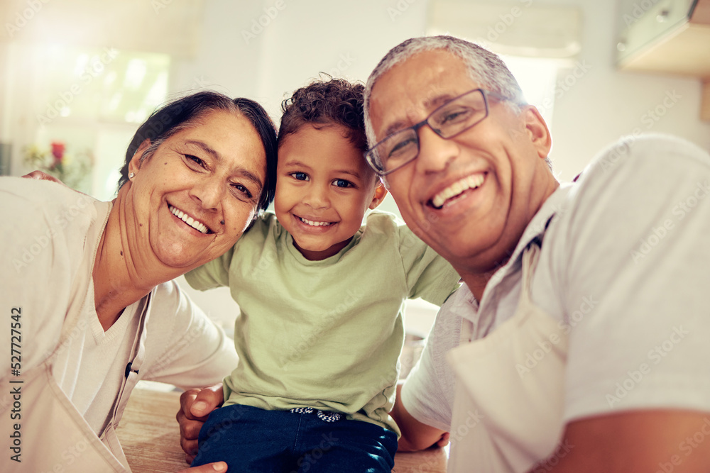 Grandparents, grandkid and family smile, happy and playing together at home. Portrait face of love, bond and relaxing elderly grandma, grandpa and young kid for funny, care and childhood development Grandparents, grandkid and family smile, happy and playing together at home. Portrait face of love, bond and relaxing elderly grandma, grandpa and young kid for funny, care and childhood development