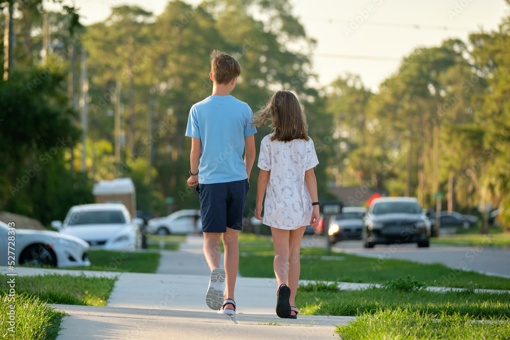 Rear view of two young teenage children, girl and boy, brother and sister walking together on rural street on bright sunny day. Vacation time concept Rear view of two young teenage children, girl and boy, brother and sister walking together on rural street on bright sunny day. Vacation time concept