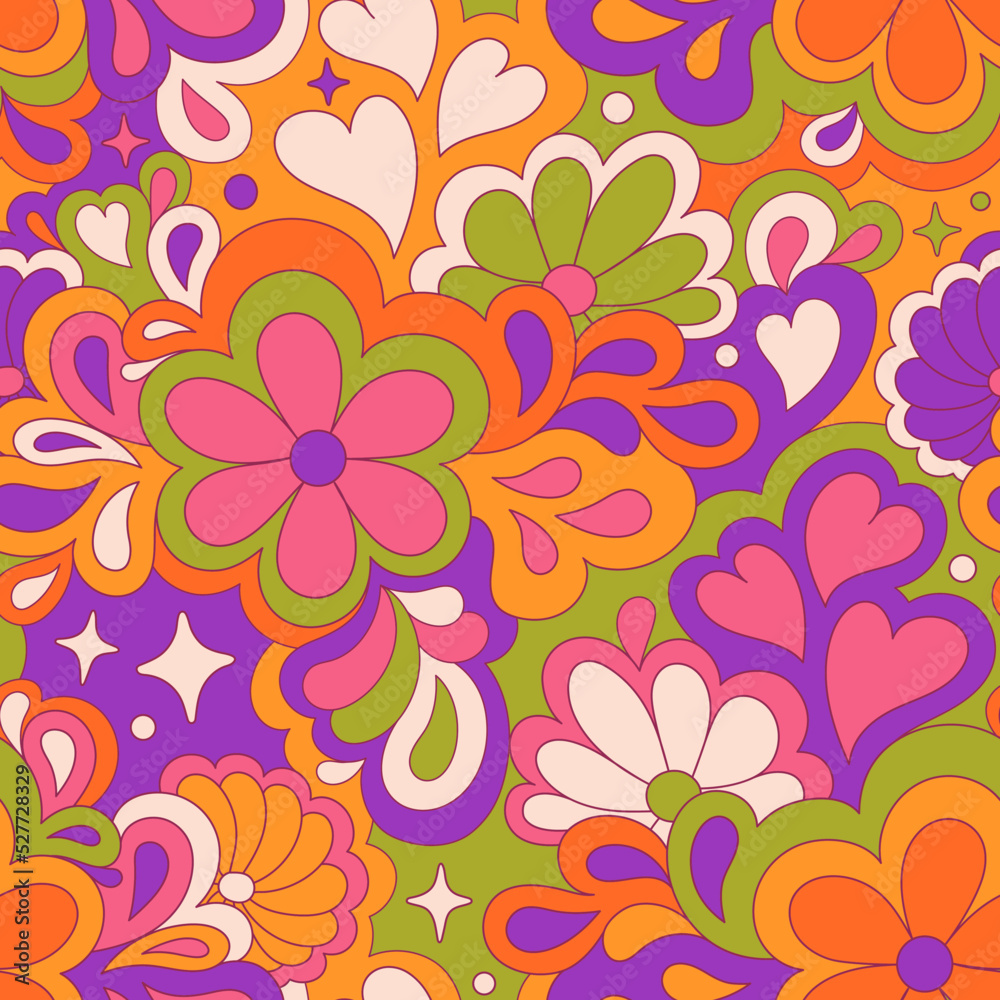 Retro groovy 60s 70s vector seamless pattern. Old school psychedelic hippie design with flowers and hearts for package, branding, textile, stationery, wraping paper, gift cards, any surface