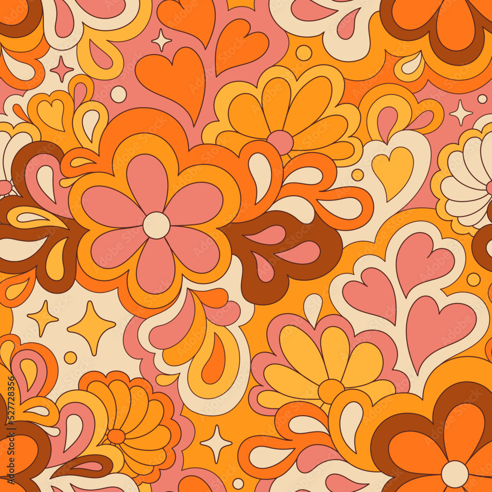 Retro groovy 60s 70s vector seamless pattern. Old school psychedelic hippie design with flowers and hearts for package, branding, textile, stationery, wraping paper, gift cards, any surface