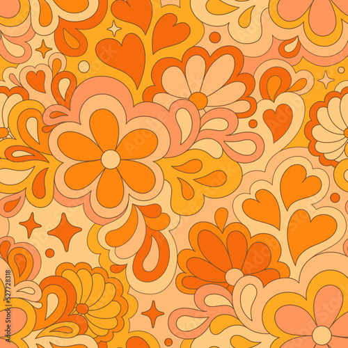 Retro groovy 60s 70s vector seamless pattern. Old school psychedelic hippie design with flowers and hearts for package, branding, textile, stationery, wraping paper, gift cards, any surface