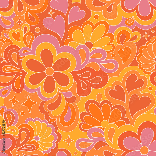 Retro groovy 60s 70s vector seamless pattern. Old school psychedelic hippie design with flowers and hearts for package, branding, textile, stationery, wraping paper, gift cards, any surface
