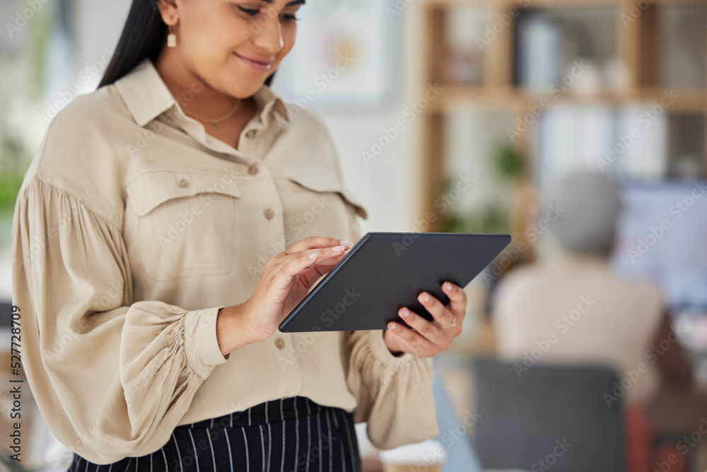 Woman working on digital tablet in office, business and advertising company or creative strategy planning. Happy marketing agency girl busy with web marketing, research and development or design