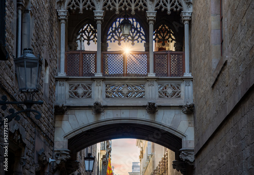 Spain, Cathedral of Barcelona in Las Ramblas and Bridge of Sighs, Pont del Bisbe. photo