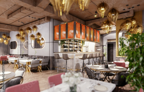 restuarant with modern sofa and decorations, copy space. 3D rendering.