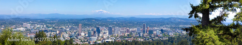 USA  panoramic view of Portland city downtown  Columbia River and national forest park Mount Hood.
