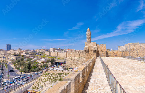 Fototapeta Jerusalem, Israel, scenic ramparts walk over walls of Old City with panoramic skyline views