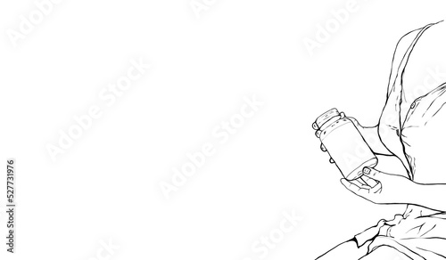 Sketch  a woman is holding a beauty product. Black and white images with shadows that are suitable for use as product covers