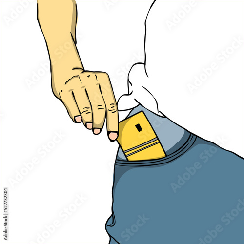 Hand puts card in trouser pocket. The image is suitable for use as an illustration of banking, financial security