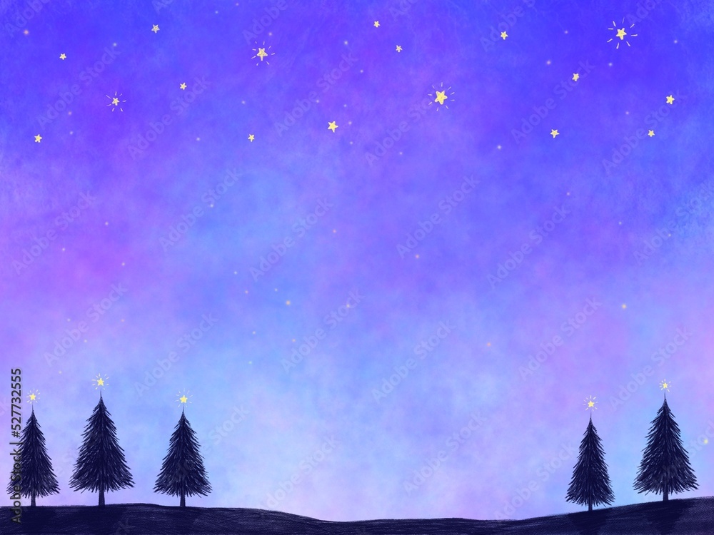 星がキラキラ輝く夜空ともみの木の背景イラスト