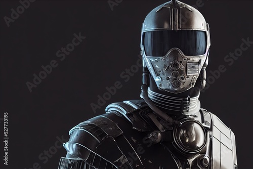 futuristic elite serviceman against the background of the fighting, equipped with combat armor in black color combat weapons with neon white stripes Fototapet