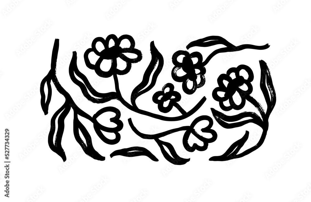 Fototapeta premium Abstract naive flowers collection. Chamomile or daisy flowers with bold brush strokes isolated on white background. Naive or primitive art style. Abstract contemporary trendy vector illustration