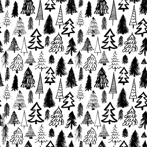 Seamless pattern with Christmas tree. Winter holidays background with hand drawn fir trees and pines. Black winter forest in childish, doodle or cartoon style. Vector rustic ink illustration.