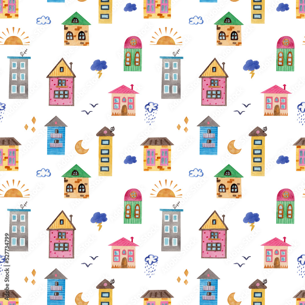Multicolored houses. Seamless pattern. watercolor illustration