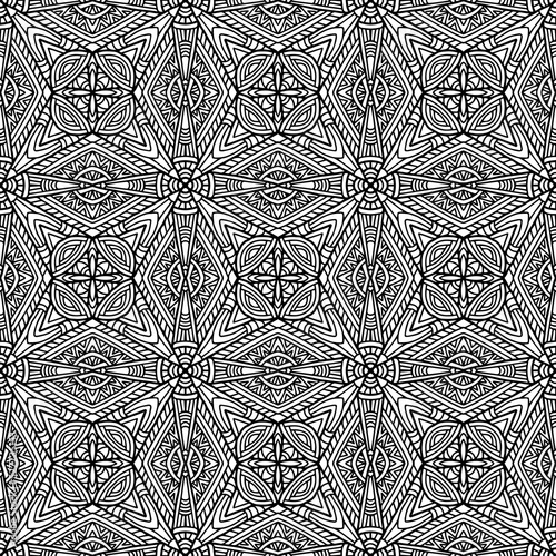 traditional seamless pattern drawn with floral ornaments in folk style on a white background for coloring, vector design
