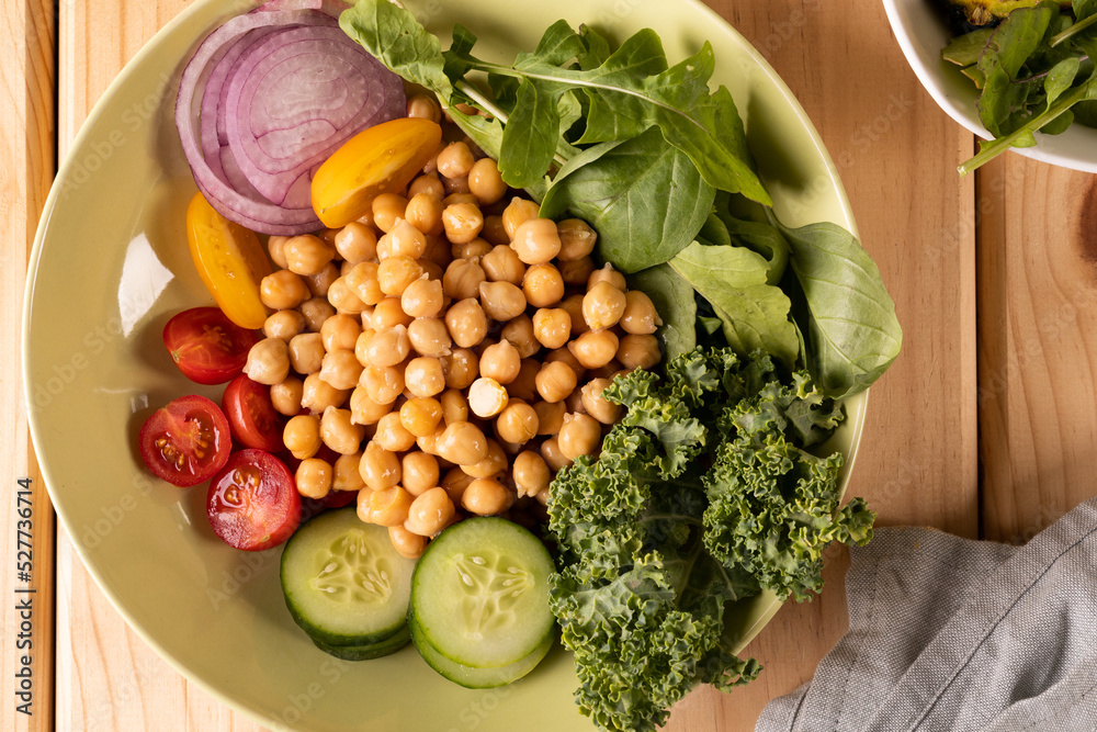Overhead view of fresh healthy breakfast in bowl on table, copy space Overhead view of fresh healthy breakfast in bowl on table, copy space