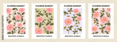 Set of beautiful modern botanical garden flower market poster illustration with roses and floral leaf branch