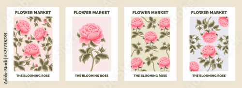 Set of beautiful modern botanical garden flower market poster illustration with roses and floral leaf branch