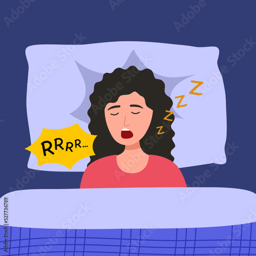 Woman sleeping and snoring in flat design. Snore health problem concept vector illustration.