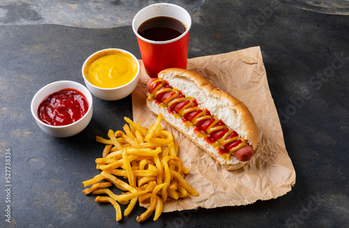High angle view of hot dog meal on table