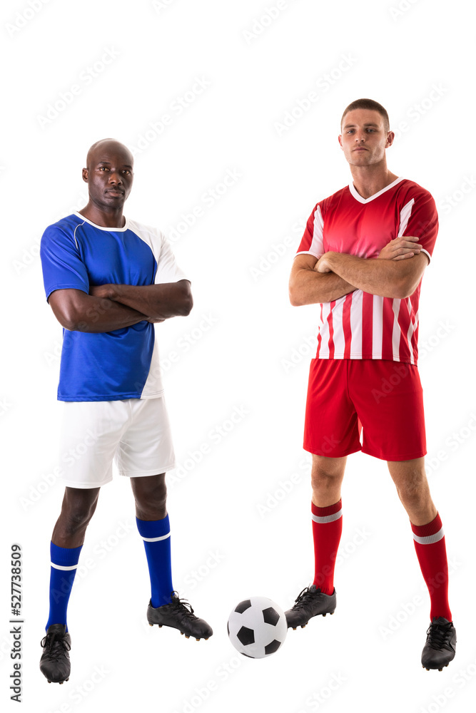 Full length portrait of confident biracial male soccer players with arms crossed on white background Full length portrait of confident biracial male soccer players with arms crossed on white background
