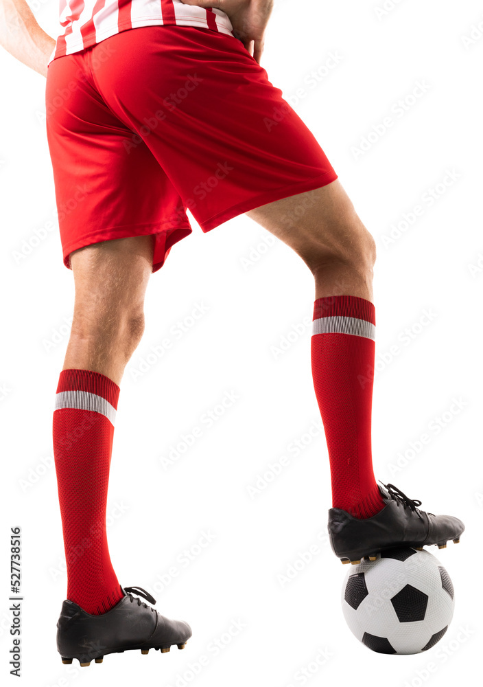Low section of male caucasian athlete stepping on soccer ball over white background Low section of male caucasian athlete stepping on soccer ball over white background