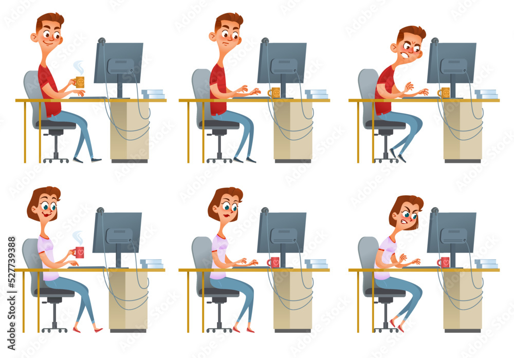 Set of funny cartoon man and woman sitting at the table and working online on a computer with different poses and emotions. Cartoon vector illustration. Isolated on white. Set of funny cartoon man and woman sitting at the table and working online on a computer with different poses and emotions. Cartoon vector illustration. Isolated on white.