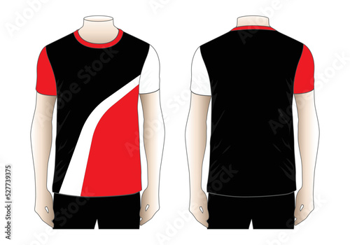 Black-White-Red Short Sleeve T-Shirt Design On White Background.Front And Back View, Vector File.