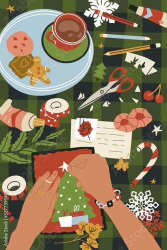 Cute cards for Christmas. Writing letter for Santa, hand making greeting cars and decorations. Scrapbooking, hobby. Celebrating holiday. Woman hands. Flat style in vector illustration.